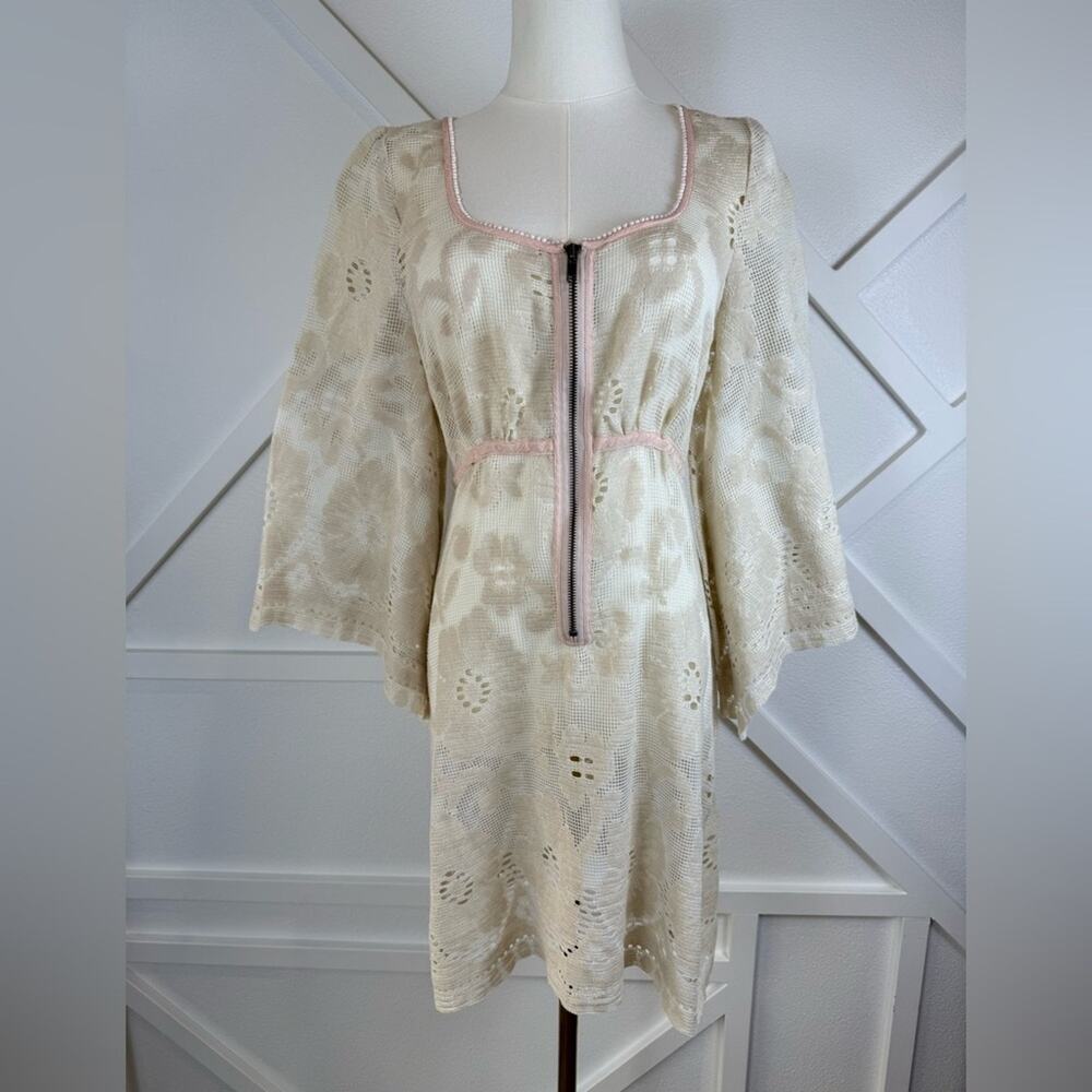 Free People Boho Antique Lace Picnic Bell Sleeve Dress In Buttercream Size Small